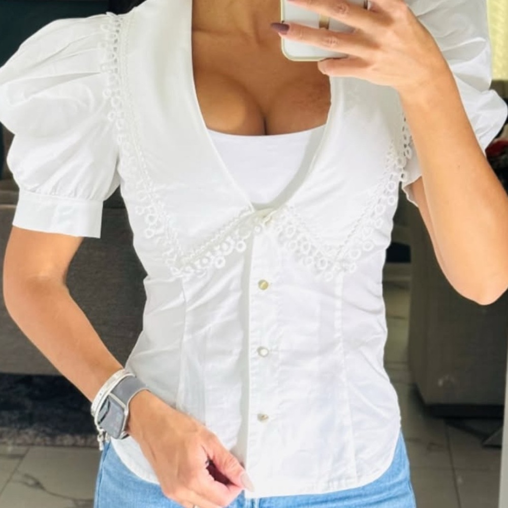 Nylon Elegant White Puff Sleeve Blouse Size L